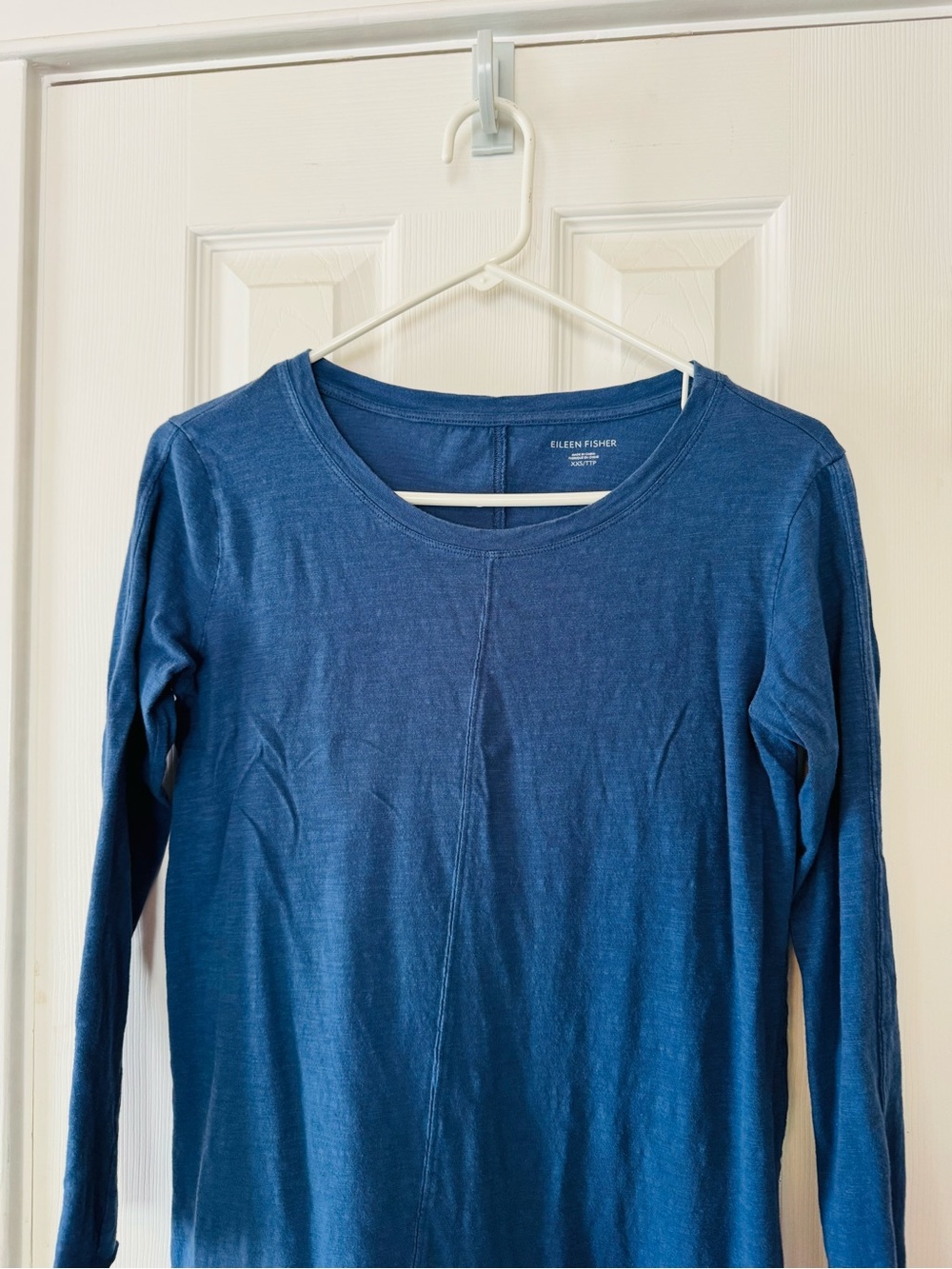 Eileen Fisher Organic Cotton Blue Long Sleeve Tunic Top XXS Asymmetrical Hem - Picture 2 of 7